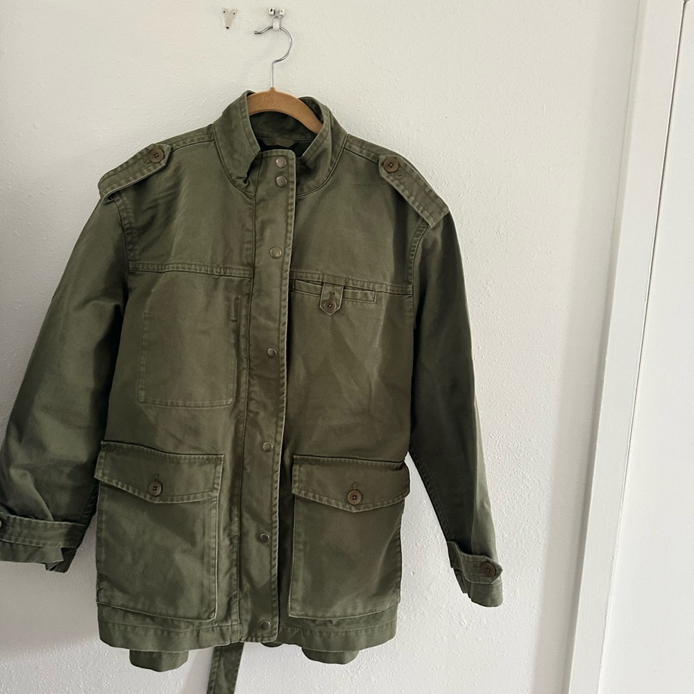 Oversized Utility (runs a little big) Jacket in Desert Olive with tie belt.